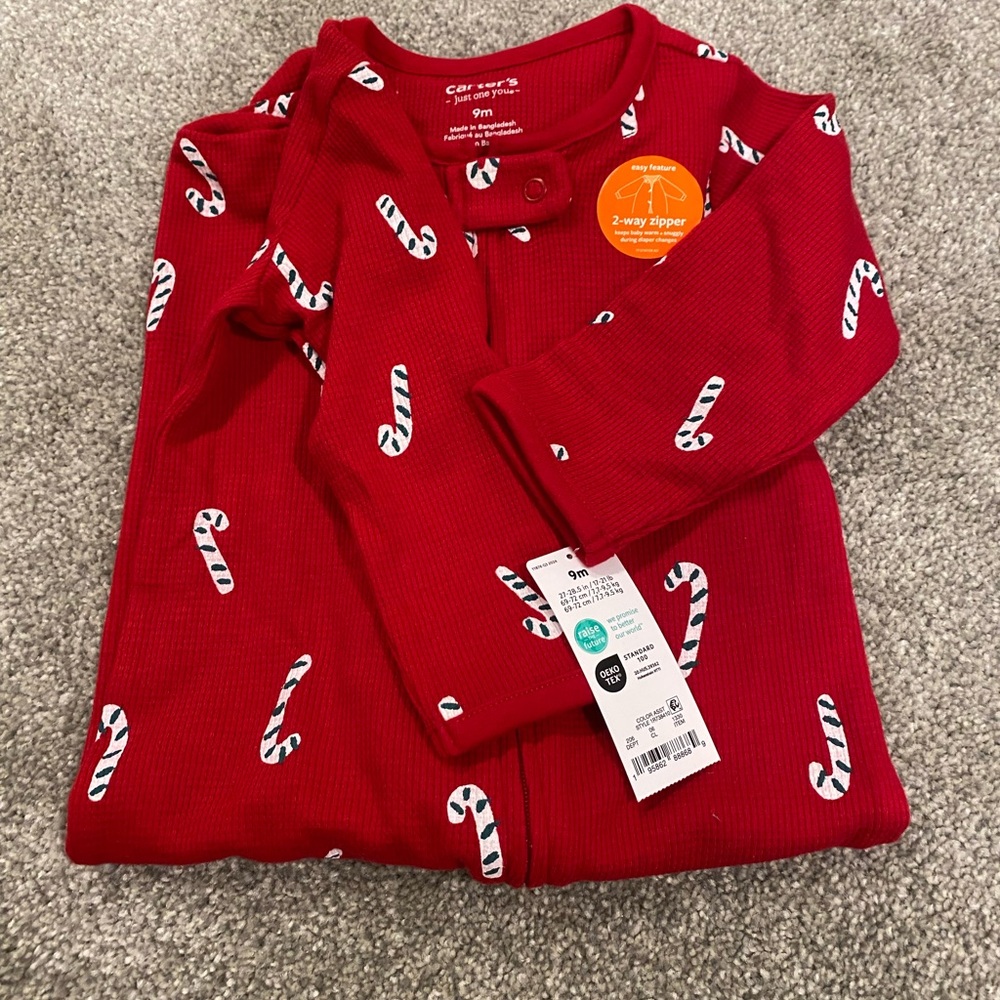 Carter's Festive Red Candy Cane Sleeper, 2 way zipper, 9 months